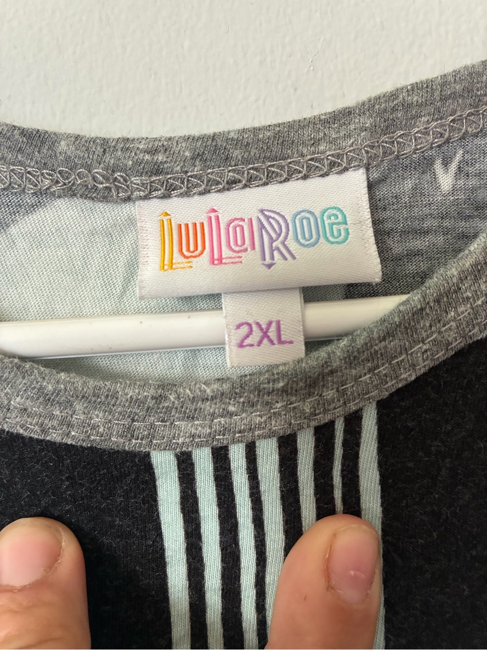 LuLaRoe Gray shirt with Pale Blue Vertical Stripes